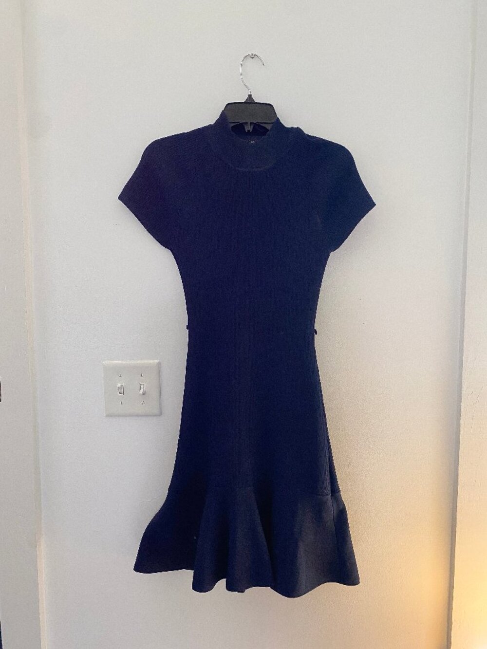 Karen Millen Navy Blue Ribbed Knit Drop Waist Flounce Mini Dres